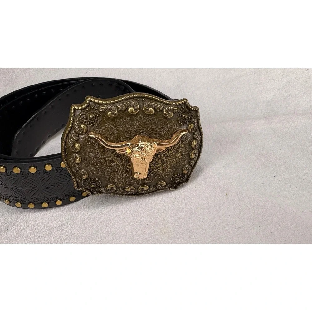 Western Black Leather Belt with Gold Longhorn Buckle